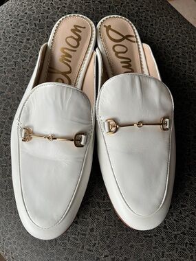 Sam Edelman White Leather Slip-On Mules with Gold Horsebit